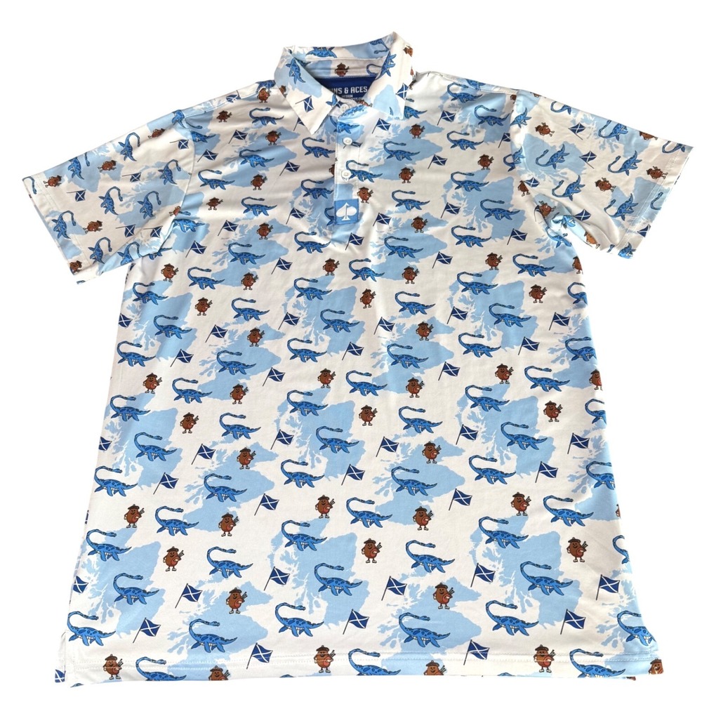 Pins & Aces Polo Mens Medium Blue Loch Ness Monster Scotland Golf Performance